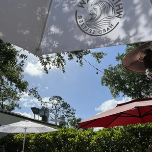 a patio area with tables and umbrellas