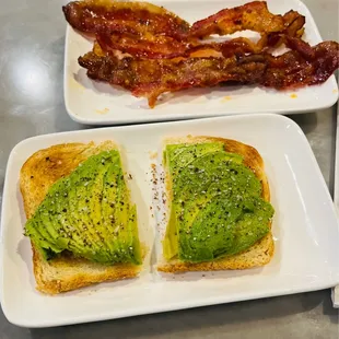 Candy bacon w a little spice. Fresh Avocado toast.