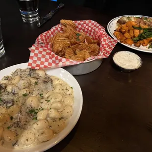 Gnocchi, chips and dip and halibut