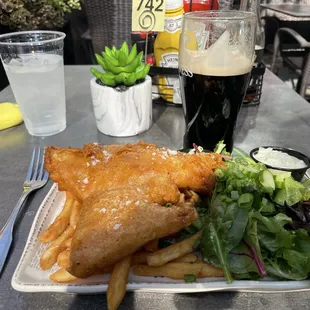 Fish and chips, lunch portion. Guinness
