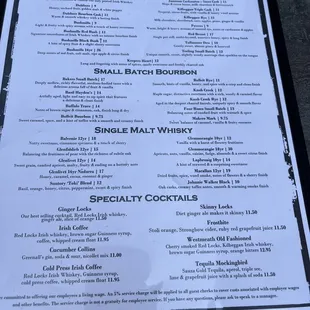 a menu for a small batch bourbon