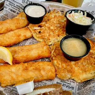 Cod fish fry with potato cakes