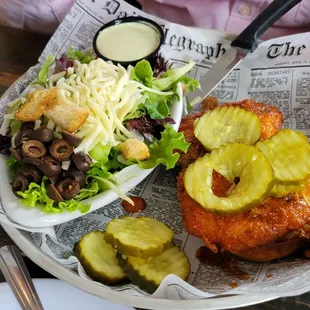Nashville Chicken sandwich with side salad