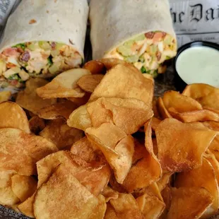Bang bang chicken wrap with homemade chips and homemade ranch