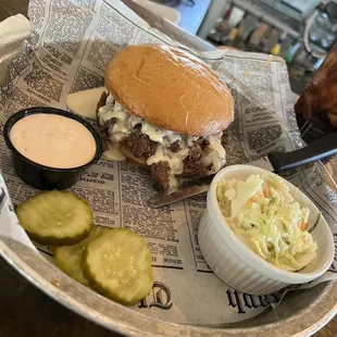 Corned Beef Hash Burger - Two 4oz tri-blend burger patties topped with a corned beef hash patty &amp; a gruyere cheese sauce $15. Delish!