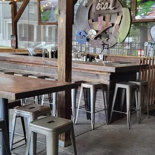 a restaurant with tables and stools