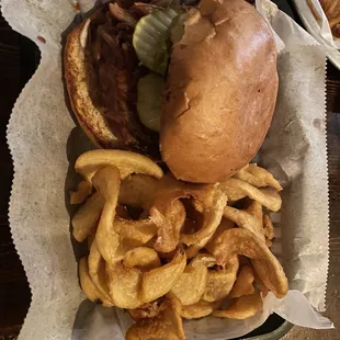 Pulled pork sandwich and side of fries