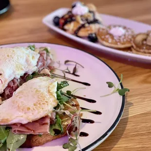 Prosciutto toast and pancake trio