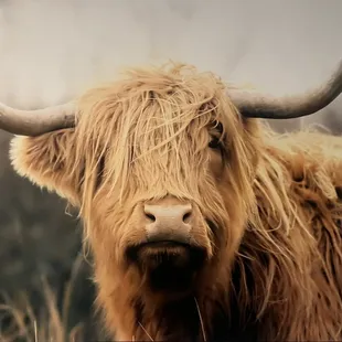 a close up of a long horned cow