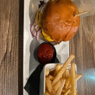 Cheese burger and fries.