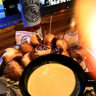 Salty Pretzel Balls with hot creamy beer cheese