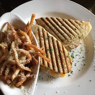 Chicken and cheese panini with truffle fries