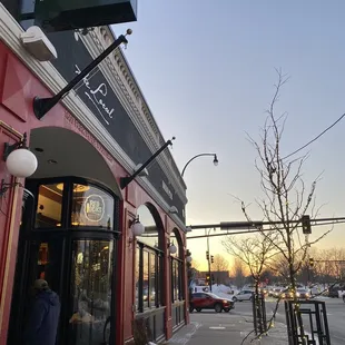 the entrance to a restaurant