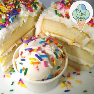 a piece of cake and a bowl of ice cream