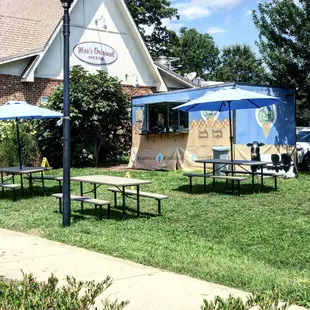 picnic tables and umbrellas in front of a restaurant