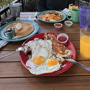 Country Fried Steak &amp; Eggs, One Pancake, Orange Juice, Huevos Rancheros