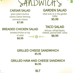 a menu for salads and sandwiches