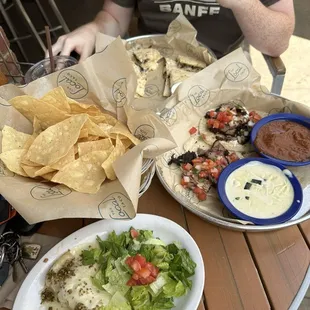 Steak Tacos, Chico and salsa, Chicken Quesadillas