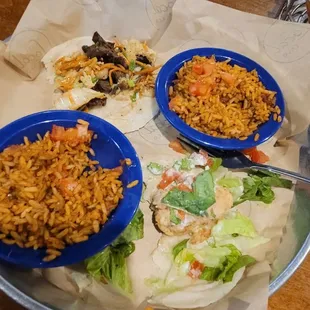 Asian and fried chicken taco with Mexican rice
