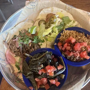 Smoked Brisket Taco Fish Taco Turnip Greens Mexican Rice