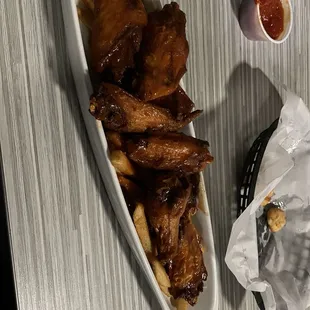 Traditional Wings with hot sauce and fries. Would have preferred to have fries on side and not the wings on top of the fries.