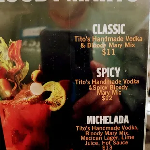 Adult drinks menu