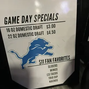 Game Day Specials all day.