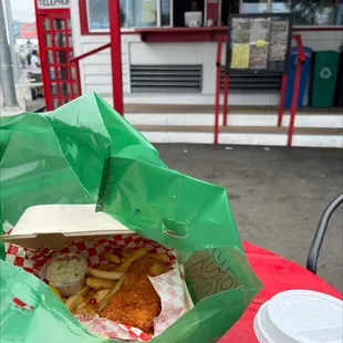 Fish n chips at 10:30 am.  It is very delicious.  Alex n the other guy back there.  I was pleasantly surprised.  18/ includ tax I think.