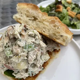 Chicken salad sandwich with side salad