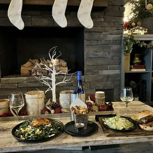 Our meal on the sofa by the fireplace