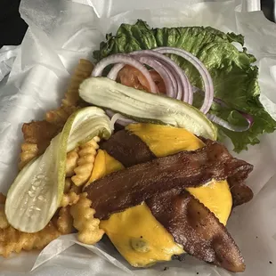 lodge burger bacon tomatoes, onion, pices, lettuce cheeeeeese and fries :)