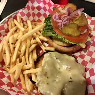 Burger with pepper jack cheese and fries