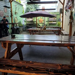 a picnic table and umbrella