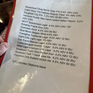 Beer menu without prices