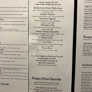 Menu - Game Day Specials and Happy Hour Specials