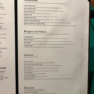 Menu - Sandwiches, Burgers and Sliders, Entrees, Desserts