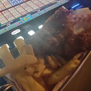 Fish and chips. Huge pieces of fish