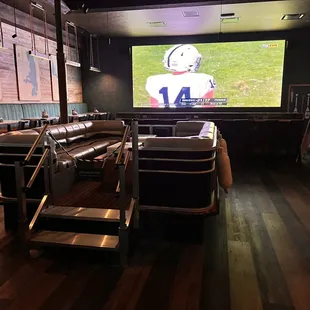 a large screen in a bar