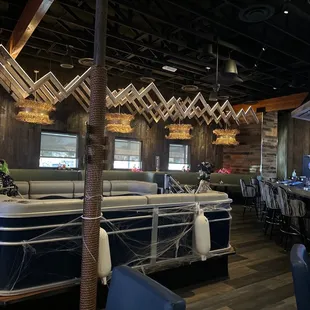 Pontoon table and off-bar and bar dining. First time here. Pretty awesome and not smoky.