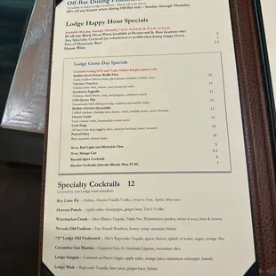 the menu of the lodge happy hour specials