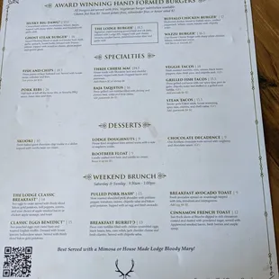 Burgers, Specialty, Dessert &amp; Brunch menu.