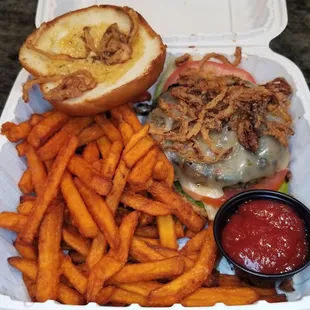 Colorado Buffalo Burger, upgraded with Sweet Potato Fries