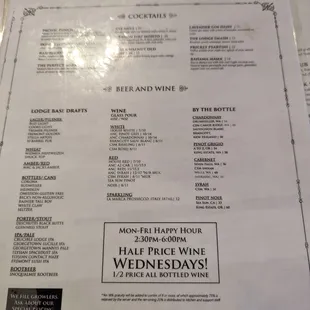 Cocktail, Beer &amp; Wine menu.