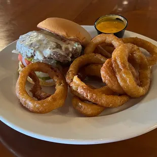 Burger and onion rings