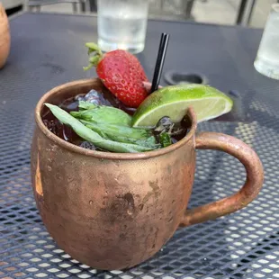 STRAWBERRY BASIL MULE  (Smirnoff strawberry, ginger beer, basil, lime, strawberry)  a.k.a. DELICIOUS!!!