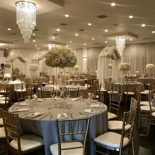 a banquet room set up for a formal event