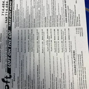 Current menu and prices