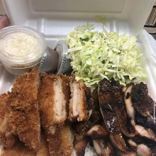 Chicken katsu(tender chicken frolled in Panko crumbs&amp;Korean barbecue chicken (tender chicken thigh strips marinated w/our sweet Korean sauce