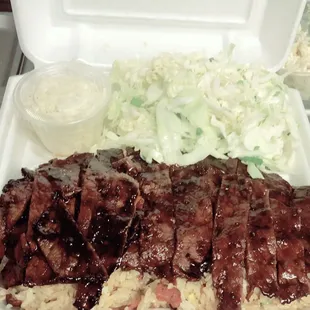 Korean Barbecue Beef: thin strips of tri-tip marinated in a flavorful sweet sauce. Here they got a substitution of bacon rice for $3.50 more