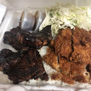This here is our combo plate with half chicken katsu/half Kalbi short ribs. All plates come with rice,cabbage,&amp; Mac salad.